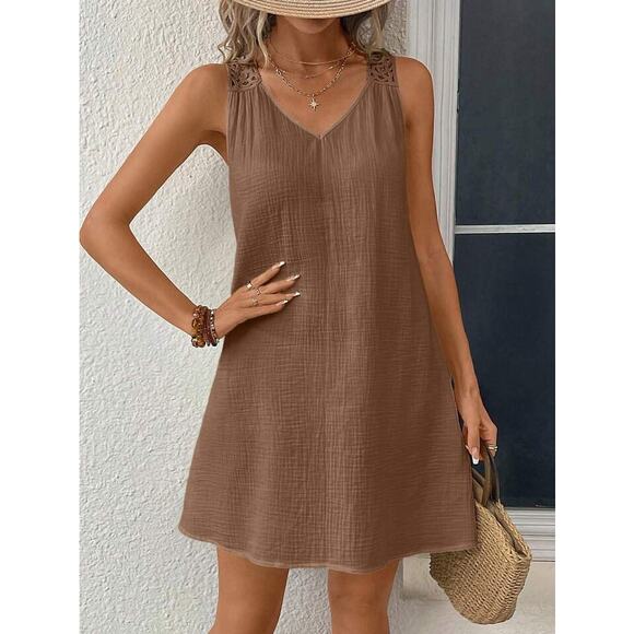 SHEIN Vacay Lace Tank Dress Sleeveless Cotton Boho Minimalist Beach sz L Brown - Picture 2 of 9